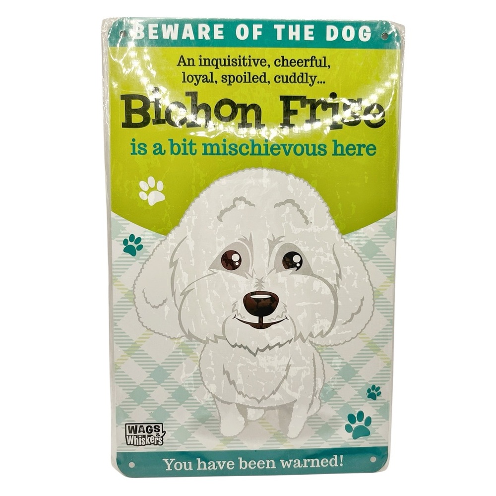 🆕 Wags n’ Whiskers Bichon Frise “Beware of the Dog” Tin Sign